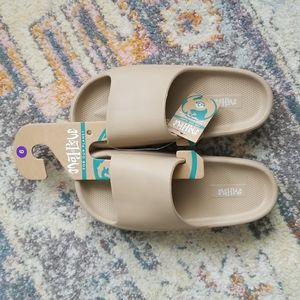 Womans Mad Love taupe slides size 6